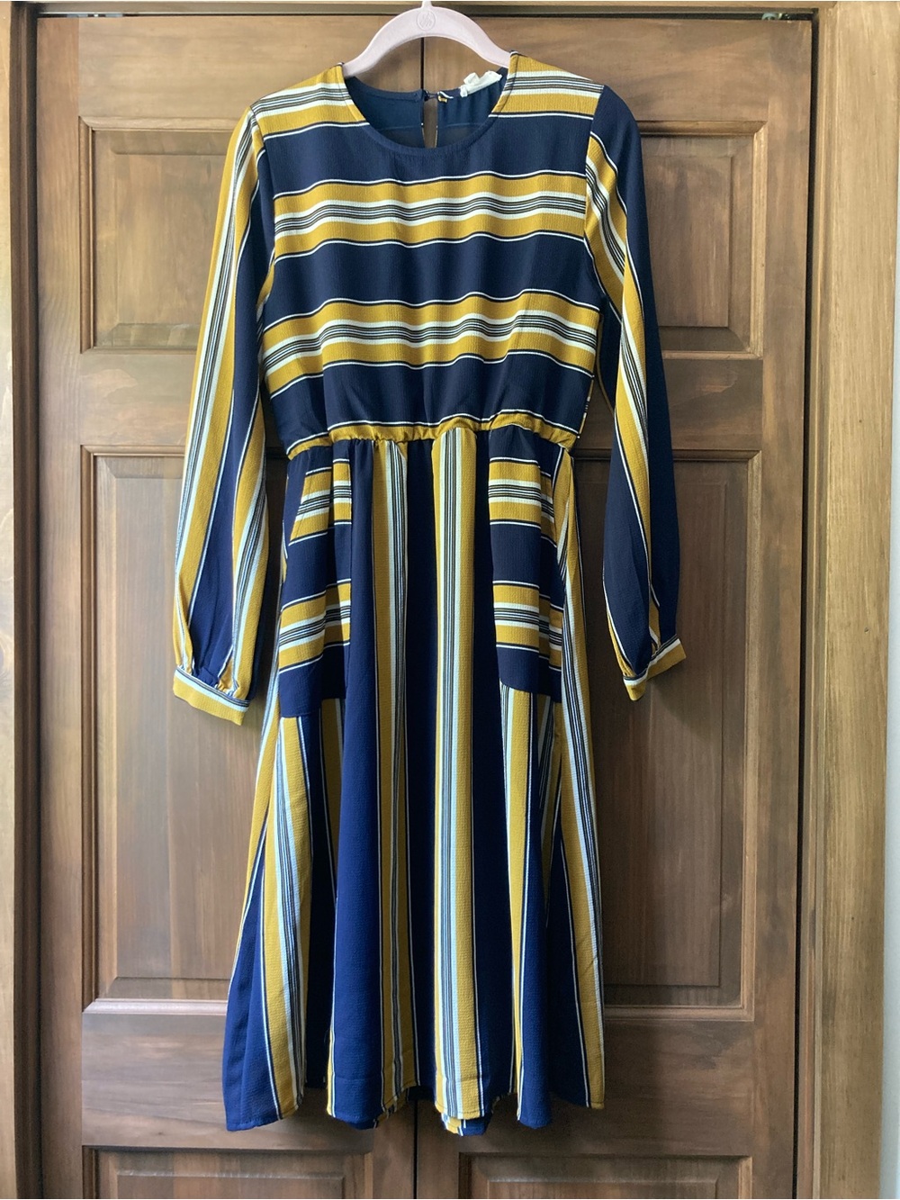 Orange Creek Long Sleeve Navy & Dark Yellow Striped Dress Small